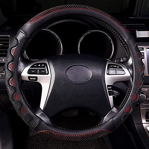 Flying Banner car Steering Wheel Cover Faux Leather Massage Universal fit 3D Honeycomb Hole Anti-Slip Sporty 15 Inches (Red with Black) - color: Red with Black