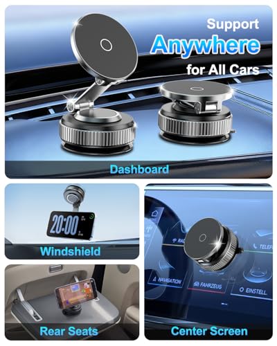 Vacuum Magnetic Car Phone Holder 360° Strongest 120LBS Ultra Suction Cup Phone Mount for MagSafe Dashboard Cell Phone Holders for Your Car/Gym/Mirror Bracket for iPhone 17 & Android, Metal Stand Rotor