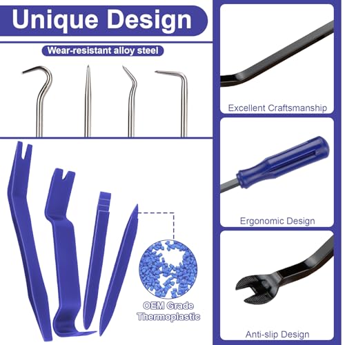 BFXM 9PCS Auto Trim Removal Tool kit, Clip Pry Tools Kit No Scratch, Car Door Panel Fasteners Remover, Automotive Mini Precision Hooks for Auto Oil Seal O-Ring Seal Gasket (Blue) - color: Blue * 9PCS