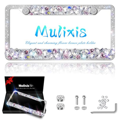 1 Pack Silver Bling License Plate Frames for Women Sparkly Rhinestone Diamond Car Accessories with Glitter Crystal Caps Stainless Steel Frame - High-End Gift Box Packaging - color: CPJ-LBJG-002 white gem 1pcs
