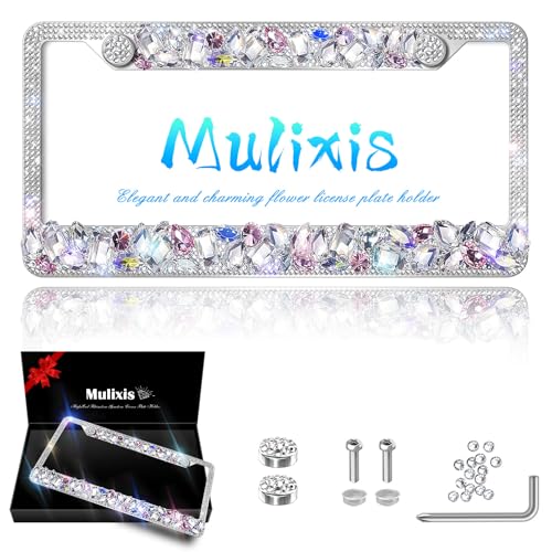 1 Pack Silver Bling License Plate Frames for Women Sparkly Rhinestone Diamond Car Accessories with Glitter Crystal Caps Stainless Steel Frame - High-End Gift Box Packaging - color: CPJ-LBJG-002 white gem 1pcs