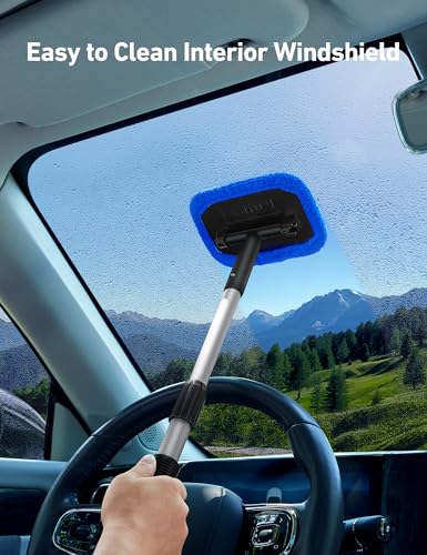 AstroAI Windshield Cleaner Tool, Microfiber Car Window Cleaner with 4 Reusable and Washable Microfiber Pads and Extendable Handle Auto Inside Glass Wiper Kit, Blue - color: Blue
