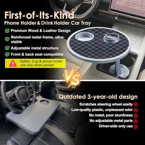 Car Food Tray & Car Table Tray with Car-Grade Aluminum Cup Holder & Phone Stand, Premium Wood with Leather Surface, 360° Rotating Car Desk for Laptop &Eating (Round, Black&Grey) - color: 𝗥𝗼𝘂𝗻𝗱 · Grey&Black