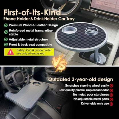 Car Food Tray & Car Table Tray with Car-Grade Aluminum Cup Holder & Phone Stand, Premium Wood with Leather Surface, 360° Rotating Car Desk for Laptop &Eating (Round, Black&Grey) - color: 𝗥𝗼𝘂𝗻𝗱 · Grey&Black