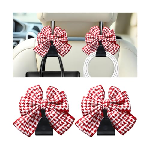 Cute Bow Car Seat Headrest Hooks, 2PCS Multifunctional Vehicle Rear Seat Hanging Hooks, Automotive Interior Seatback Storage Organizer for Purses Bags, Universal Fit (Red/Houndstooth) - color: Red/Houndstooth