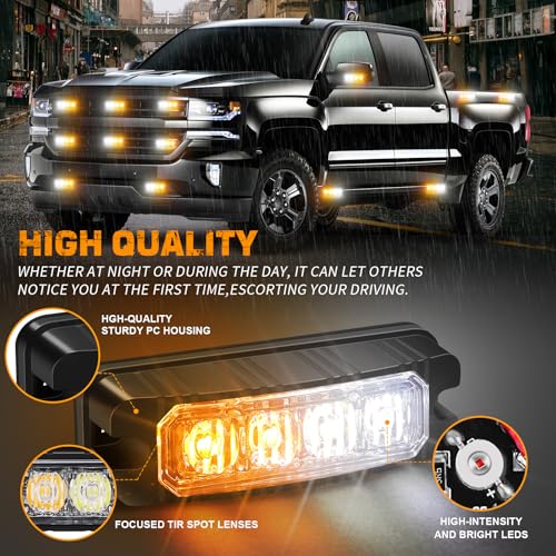 XRIDONSEN 8PCS Sync Truck Grill Lights 32 LED Strobe Lights Amber White Grille Surface Mount Emergency Flashing Warning Safety Hazard Caution Light for Tow Plow Trucks Construction Vehicles Car - color: Amber/White