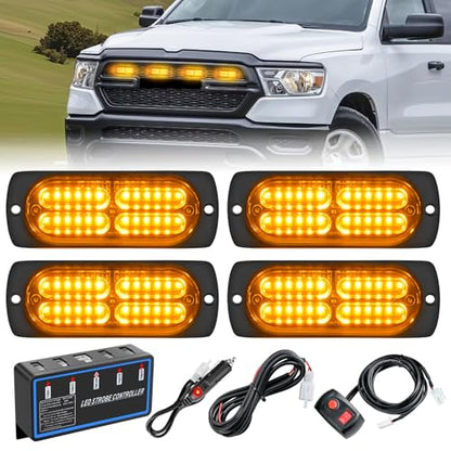 Nilight 4PCS LED Strobe lights 12V 24V Sync Feature Amber 24LED Emergency Hazard Warning Lights with Controller Hard Wire or Cigarette Lighter Plug for Car Truck RVs Campers - color: Amber w/Controller
