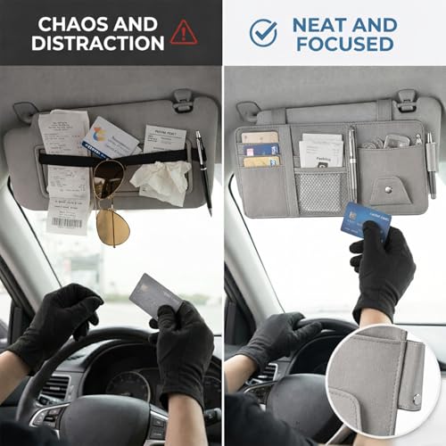 Car Sun Visor Multi-Pocket Organizer — Gray (Universal Car/SUV/Truck Storage Pouch) - color: Gray