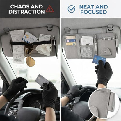 Car Sun Visor Multi-Pocket Organizer — Gray (Universal Car/SUV/Truck Storage Pouch) - color: Gray