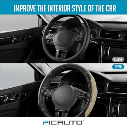 PIC AUTO Steering Wheel Cover, Beige Thick Rhombic Foam and Premium Leather, Universal 14.5-15.5 Inch Breathable Anti-Slip Steering Wheels Accessories for Men & Women - color: Beige