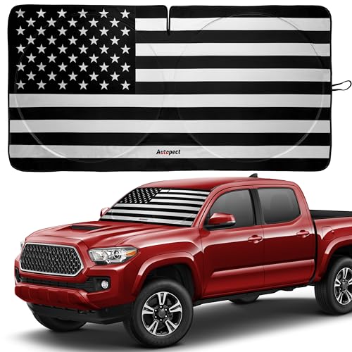 Autopect Windshield Sun Shade - American Flag Design, High-Resolution Sun Visor for Car, Truck, SUV with Mirror Cut-Out for Interior Sun Protection, Foldable Car Sun Shade (Black and White, Small) - color: USA B&W FLAG, size: Small