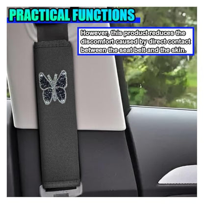 2PCS Bling Car Seat Belt Covers, Polyester Fiber Vehicle Seatbelt Cushion Pad Protector, Crystal Butterfly Safe Strap Cover Pad, Comfort Car Seat Belt Shoulder Pads Accessories, Universal Fit (Black) - color: Black