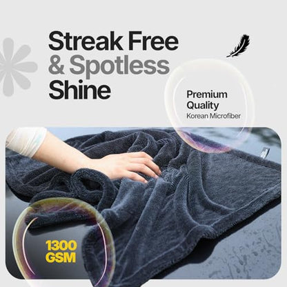 Crystal Clean 1300GSM Car Drying Towel - XL (24x36) Microfiber Towels for Cars with Double Twisted Loop, Professional Detailing Towel for Car Detailers - Quick Dry, Paint Safe & Swirl-Free - color: Dark Grey