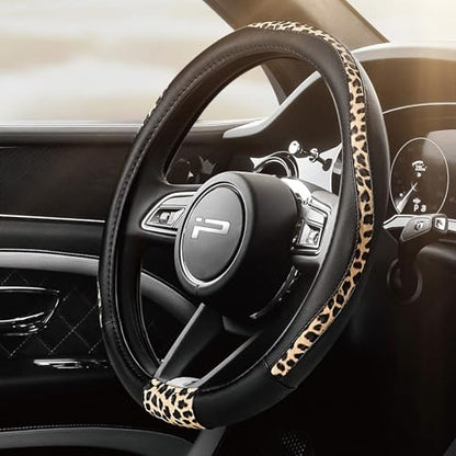 Road Comforts Steering Wheel Cover - Made with PVC Leather and Leopard Fabric - Universal 14 1/2 inches to 15 inches for Most Automotive Steering Wheel - Cheetah Print - Black - color: Round-Black