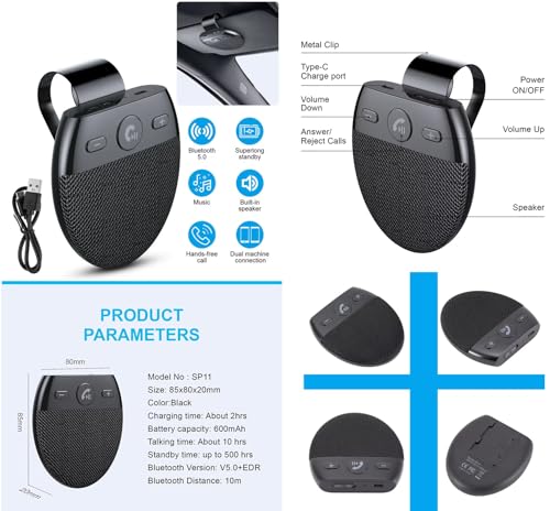 Hands Free Car Speakerphone Kit Bluetooth 5.0 Wireless Vehicle BT Handsfree Hands-Free Microphone Sun Visor Music Player with Mic