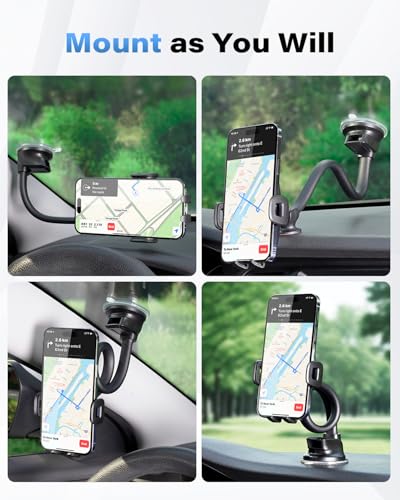 1Zero Solid Car Truck Phone Mount Holder with 14-Inch Gooseneck Long Arm, Windshield Window Mobile Holders w/Industrial-Strength Suction Cup, Anti-Shake Stabilizer Compatible All Cell Phones, Black - color: Faux Leather Surface with Black Ring