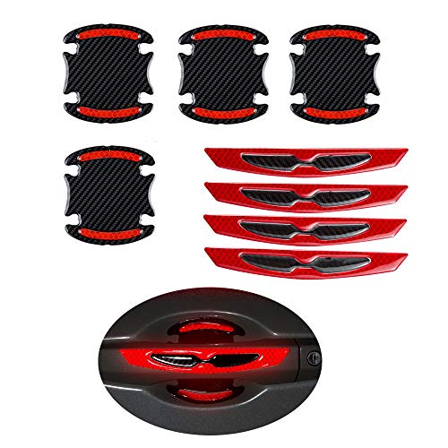 8pcs Universal 3D Carbon Fiber Car Door Handle Paint Scratch Protector Sticker Auto Door Handle Scratch Cover Guard Protective Film Car Outdoor Safety Reflective Strips (Red)