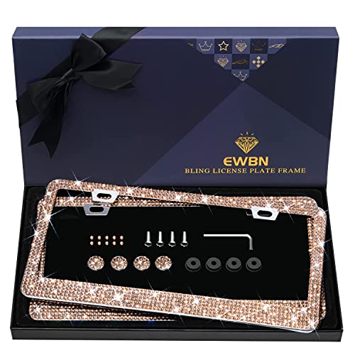 Bling Rhinestone License Plate Frame for Women 2PC，Diamond Sparkly License Plate Frames| Stainless Steel Frames & Over 1200 pcs Finest 14 Facets Glass Crystals Premium Diamond+GiftBox(Champagne) - color: Champagne-2PK