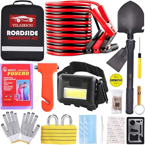 Car Roadside Emergency Kit, with Jumper Cables Automotive Kit,Car Safety Roadside Assistance Kit Headlamp,Tow Straps, Safety Hammers, Rainwear, Gloves.Black - color: Yellow
