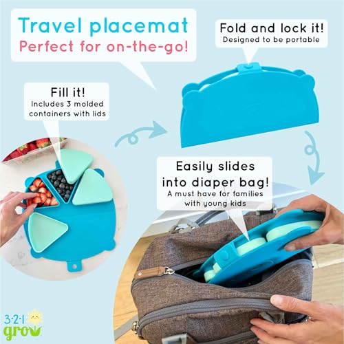 Silicone On-The-Go Snack Mat – Foldable Reusable Placemat with 3 Compartments and Lids – Travel-Friendly Baby and Toddler Snack Plate – Dishwasher Safe (Pebble) - color: Pebble