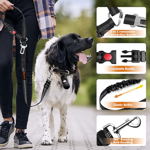 Removable Dog Seat Belt Harness for Car, 3 in 1 Pet Dog Car Seatbelt Leash, Retractable Restraint Secures to Vehicle Headrest & Adjustable Reflective Bungee Dog Seatbelt Tether, Black - color: 2PCS Black