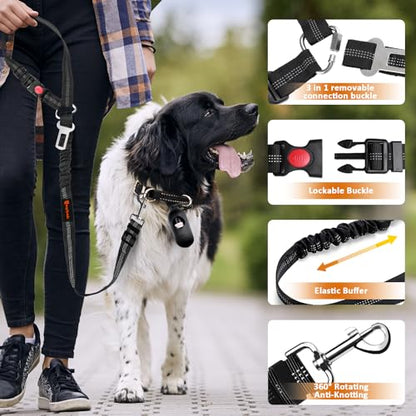 Removable Dog Seat Belt Harness for Car, 3 in 1 Pet Dog Car Seatbelt Leash, Retractable Restraint Secures to Vehicle Headrest & Adjustable Reflective Bungee Dog Seatbelt Tether, Black - color: 2PCS Black