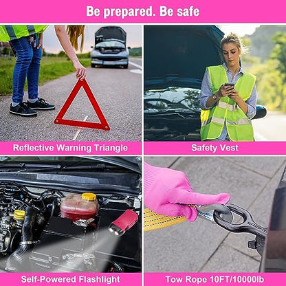 Roadside Emergency Car kit for Vehicles, with 4 in 1 Inflatable Car Vacuum Cleaner, Pink Jumper Cables, First Aid Kit, Tow Rope, Vehicle Road Trip Must Haves Pink Accessories for Women