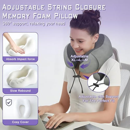 Neck Travel Pillow, Upgraded Memory Foam Pillow for Airplane, Machine Washable, Adjustable Flight Pillow, Suitable for Sleeping Airplane, Car, Office and Home (Grey) - color: Grey