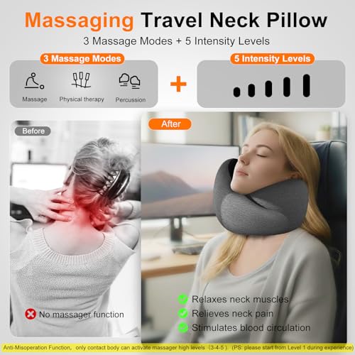 Travel Neck Pillow 3 in 1 with Heating and Massage, Memory Foam Cervical Pillow, 360º Ergonomic Design, Asymmetrical Sides Wireless Portable for Airplane Car Office, Skin-Friendly Cover