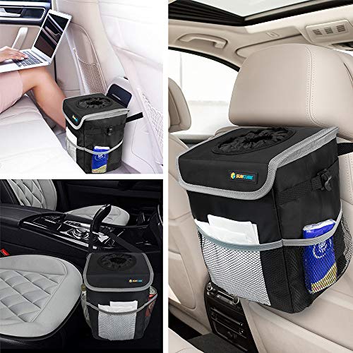 SUN CUBE Waterproof Car Trash Can with Lid, Mesh Pockets | Leakproof Car Garbage Can Hanging | Auto Trash Bin, Garbage Bag Organizer for Headrest, Console, Truck (Black/Gray) - color: Black with Gray Trim