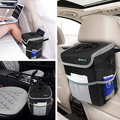 SUN CUBE Waterproof Car Trash Can with Lid, Mesh Pockets | Leakproof Car Garbage Can Hanging | Auto Trash Bin, Garbage Bag Organizer for Headrest, Console, Truck (Black/Gray) - color: Black with Gray Trim