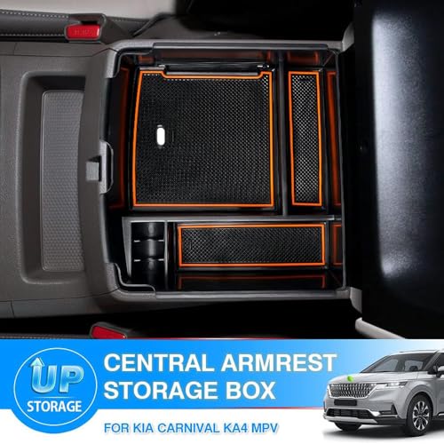 Autorder Center Console Organizer for 2022-2026 Kia Carnival KA4 MPV Accessories Armrest Storage Box Secondary Insert Tray with Orange/Black Silicone Pad - size: 2022-2026 Kia Carnival KA4 MPV