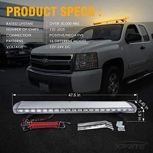 Xprite 48 Inch LED Amber Rooftop Emergency Warning Lights Bar 16 Strobe Patterns w/Adjustable Mounting Brackets for Vehicles, Security, Law Enforcement, Snowplow, Tow Trucks, Crane, Construction Cars - color: Amber