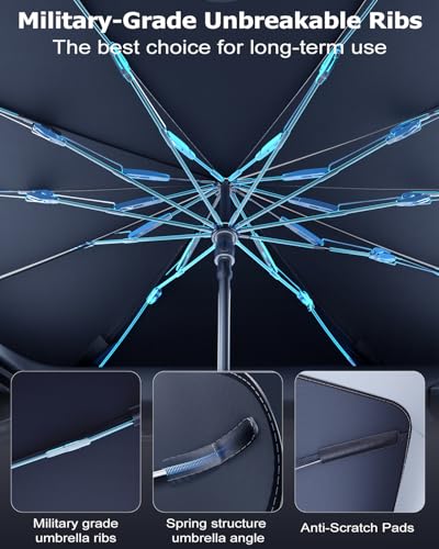 DMJN Umbrella Windshield Sun Shade - Small, Car Sunshade for Front Windshield [Nano Ice-Crystal Coatings] UPF50+ Heat & UV Block, Protect Interior & Keep Cooler Universal for Car, SUV, Truck - size: Small(53"l X 29"w)