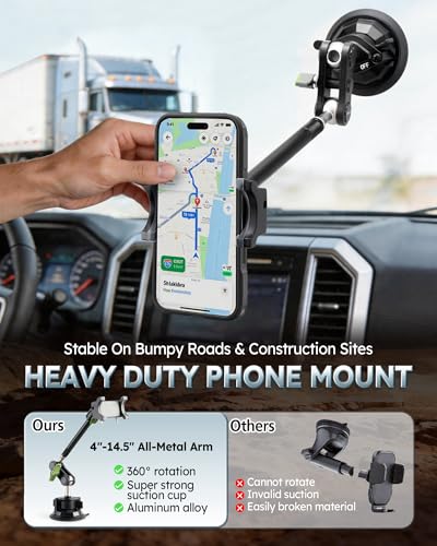 Heavy Duty Phone Mount for Truck, Suction Cup Windshield Car Phone Holder, Ultra-Durable Mteal Phone Holders for F- 150 RAM Silverado Kenworth Peterbilt Freightliner, 360° Anti-Shake Car Phone Mount - style: Extended green