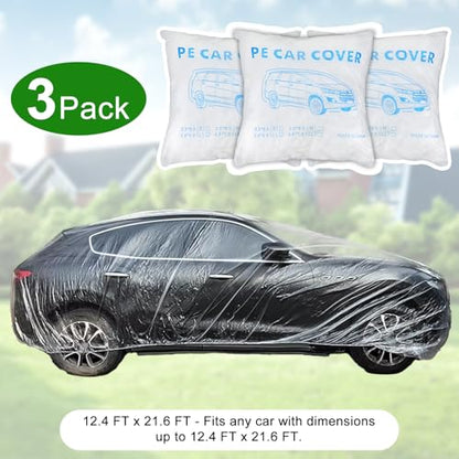 3 Packs Disposable Car Cover Clear Plastic Car Cover Universal Rain Dust Garage Cover with Elastic Band Medium (12.4 FT x 21.6 FT