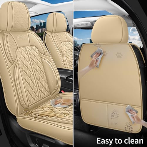 Leather Automotive Seat Covers Universal Fit for Cars, SUV, Sedans, Anti-Slip & Breathable (Beige, Front Seat) - color: Beige, size: Front Seat