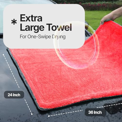 Crystal Clean 1300GSM Microfiber Towels for Cars – XL Drying Towel with Double Twisted Loop, Professional Detailing Towel Car Detailers - Quick Dry, Paint Safe & Swirl-Free (Grey+Red) - color: Grey+red