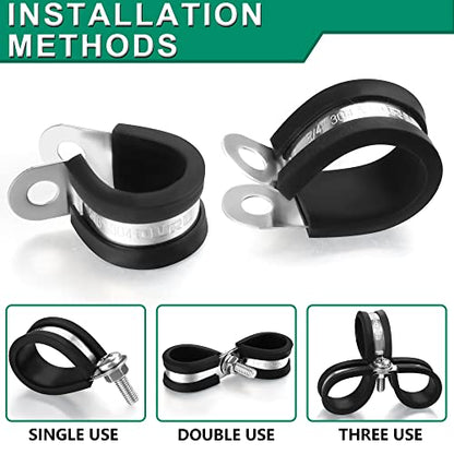 OURU 100PCS Cable Clamps 3/8 Inch 304 Stainless Steel Cable Clamps Rubber Coated Cushioned Insulated Cable Clamp,Automotive Wire Clamps,Pipe Clamps,Metal Clamp for Tube,Wire Cord Installation(10mm) - size: 100 PCS - 3/8 Inch