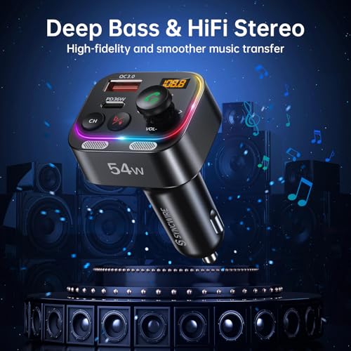 Syncwire Bluetooth 5.4 FM Transmitter Car Adapter 54W (PD 36W & 18W) [Stronger Dual Mics] [Light Switch] [HiFi Bass Sound] [Fast Charging] Wireless Radio Receiver Hands-Free Calling LED Display - color: Black