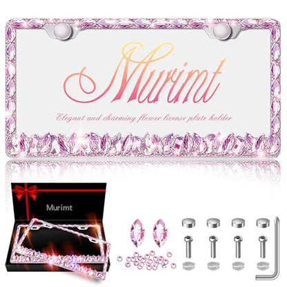 Bling License Plate Frame 2 Pack Rhinestone Bedazzled License Plate Over | Holder Sparkly Diamond Stainless Steel Frame（CPJ-03-Pink 2） - color: CPJ-03-Pink 2