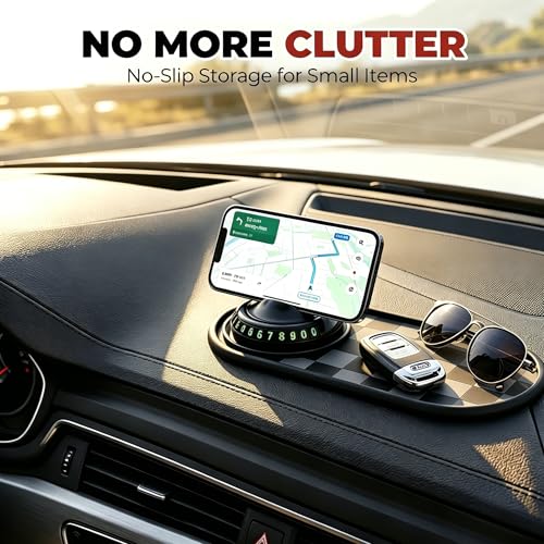 Multifunction Car Anti-Slip Mat Phone Holder, Dashboard Anti Slip Pad for Car with 360° Rotating Cell Phone Holder & Parking Number, Organizer for Phone, Keys, Sunglasses (Black & Brown) - color: Black & Brown