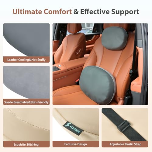 FLORICH Reversible Car Lumbar Support Pillow and Car Neck Pillow Suede & Leather Double-Sided Car Seat Headrest with Lumbar Cushion Relieve Back Neck Fatigue for Car, Office Chair, Wheelchair, Gray - color: Gray