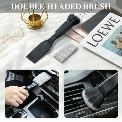 Osilly 3PCS Car Interior Detail Dust Brush Kit, 2PCS Curved Soft Vehicle Bristle Brushes & 1PC Dual Head Duster, Automotive Interior Cleaning Accessory for Dash Air Vents, Universal Fit
