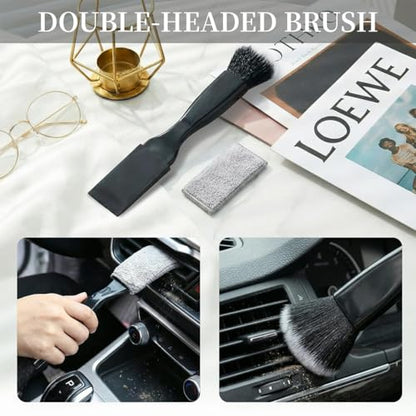 Osilly 3PCS Car Interior Detail Dust Brush Kit, 2PCS Curved Soft Vehicle Bristle Brushes & 1PC Dual Head Duster, Automotive Interior Cleaning Accessory for Dash Air Vents, Universal Fit