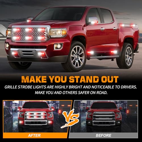 XRIDONSEN 8PCS Sync Grill Emergency Lights 32 LED Red White Firefighter Lights Grille Surface Mount Strobe Flashing Warning Safety Hazard First Responder Light for Vehicles POV Fire Fighter Trucks - color: Red/White