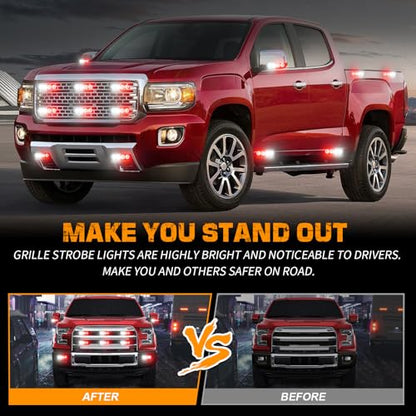 XRIDONSEN 8PCS Sync Grill Emergency Lights 32 LED Red White Firefighter Lights Grille Surface Mount Strobe Flashing Warning Safety Hazard First Responder Light for Vehicles POV Fire Fighter Trucks - color: Red/White