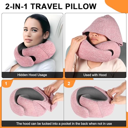 Travel Pillow - Hooded Neck Pillow Airplane Memory Foam Filling for Plane,Cars Sleeping, Road Trip, Long Flights, Portable Plane Accessories, Includes Eye Mask & Earplugs (Red)
