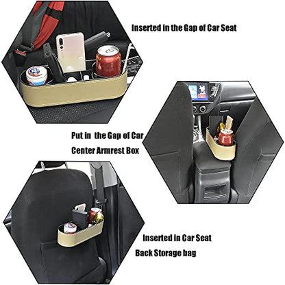 IOKONE Car Cup Holder, Auto Front Seat Organizer, Multifunctional Cup Drink Holders with PU Leather Cover, Gap Filler Storage Box Coin Bucket Console Side Pocket Cell Mobile Phone Holder(Slim-Beige) - color: Slim-Beige