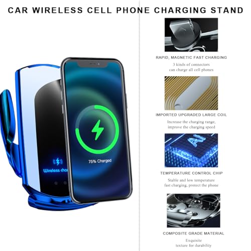 Wireless Car Charger, 15W Fast Charging Air Vent Mount Auto-Clamping Phone Holder, Automotive Electric Induction Charger 360° Rotating Magnetic Vent Mount Bracket for Smartphones (Blue) - color: Blue